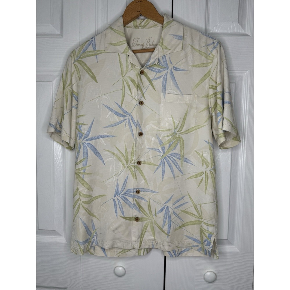 Tommy Bahama Ivory Blue/green‎  Embossed Leaves 100% Silk Hawaiian Shirt M